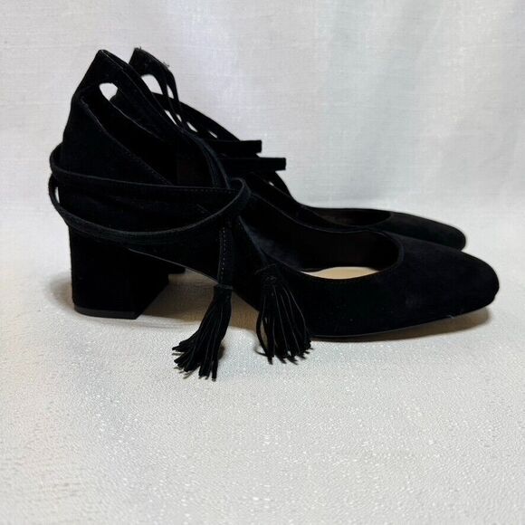 Saks Fifth Ave. Black Suede Bambi Ankle Wrapped Block Heel Classic Heels‎ Sz. 8 - Picture 2 of 7